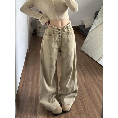 Quần Jeans Nữ Ống Đứng Cạp Cao Kaki Retro Mỹ - Phong Cách Thu Đông, Thiết Kế Ống Rộng, Giá 350.000₫