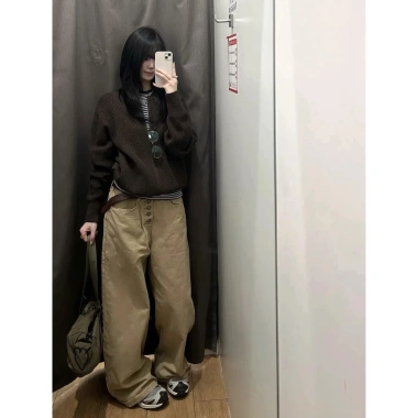 Quần Jeans Nữ Ống Đứng Cạp Cao Kaki Retro Mỹ - Phong Cách Thu Đông, Thiết Kế Ống Rộng, Giá 350.000₫