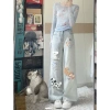 Quần jeans nữ ống rộng cạp cao họa chú chó con Nhật Bản - Thiết kế mùa thu, ôm sát, giảm giá 20% chỉ 321.000₫