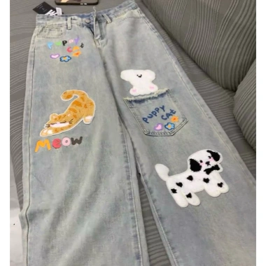 Quần jeans nữ ống rộng cạp cao họa chú chó con Nhật Bản - Thiết kế mùa thu, ôm sát, giảm giá 20% chỉ 321.000₫