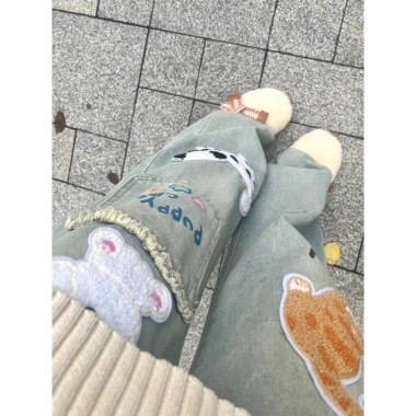 Quần jeans nữ ống rộng cạp cao họa chú chó con Nhật Bản - Thiết kế mùa thu, ôm sát, giảm giá 20% chỉ 321.000₫