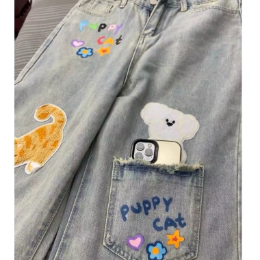 Quần jeans nữ ống rộng cạp cao họa chú chó con Nhật Bản - Thiết kế mùa thu, ôm sát, giảm giá 20% chỉ 321.000₫