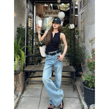 Quần jeans nữ ống rộng cạp cao màu xanh nhạt, dễ mặc, có thắt lưng – giá chỉ 410.000₫ 9