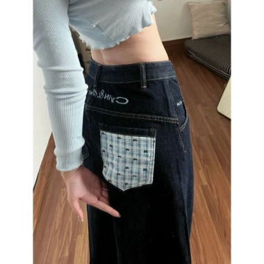 Quần jeans nữ ống rộng cuộn xanh đậm Mỹ mùa thu đông - Giá ưu đãi 276k 4