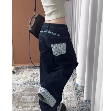 Quần jeans nữ ống rộng cuộn xanh đậm Mỹ mùa thu đông - Giá ưu đãi 276k 6