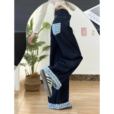 Quần jeans nữ ống rộng cuộn xanh đậm Mỹ mùa thu đông - Giá ưu đãi 276k 7