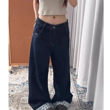 Quần jeans nữ ống rộng cuộn xanh đậm Mỹ mùa thu đông - Giá ưu đãi 276k 8