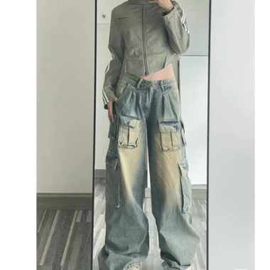 Quần jeans nữ ống rộng dáng suông, nhiều túi, giặt mài rách - Giá 299.000₫ 2
