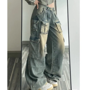 Quần jeans nữ ống rộng dáng suông, nhiều túi, giặt mài rách - Giá 299.000₫ 3