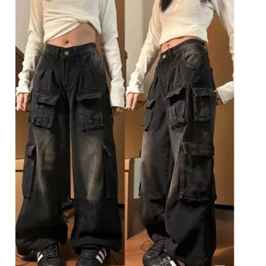 Quần jeans nữ ống rộng dáng suông, nhiều túi, giặt mài rách - Giá 299.000₫ 4