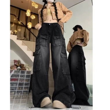Quần jeans nữ ống rộng dáng suông, nhiều túi, giặt mài rách - Giá 299.000₫ 5
