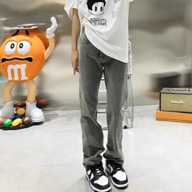 Quần jeans nữ petite màu xám nhạt kiểu Mỹ, ống rộng cạp cao, dáng suông dài tới sàn - Giá ưu đãi 190k