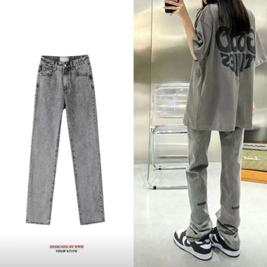Quần jeans nữ petite màu xám nhạt kiểu Mỹ, ống rộng cạp cao, dáng suông dài tới sàn - Giá ưu đãi 190k 4