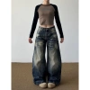 Quần jeans nữ retro Mỹ họa tiết râu mèo, dáng rộng ôm sát, dài tới gót, phong cách đường phố, chỉ 380k