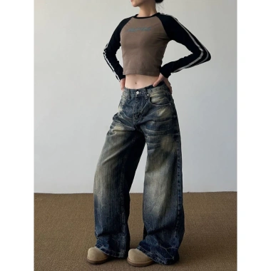 Quần jeans nữ retro Mỹ họa tiết râu mèo, dáng rộng ôm sát, dài tới gót, phong cách đường phố, chỉ 380k 2
