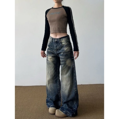Quần jeans nữ retro Mỹ họa tiết râu mèo, dáng rộng ôm sát, dài tới gót, phong cách đường phố, chỉ 380k 3