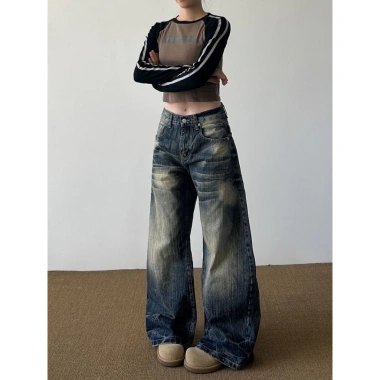 Quần jeans nữ retro Mỹ họa tiết râu mèo, dáng rộng ôm sát, dài tới gót, phong cách đường phố, chỉ 380k 5
