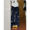 Quần jeans nữ thun gọn thêu hoa cún con Mỹ, ống rộng dài tới sàn, thời trang giá ưu đãi 301.000 VND