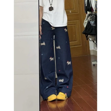 Quần jeans nữ thun gọn thêu hoa cún con Mỹ, ống rộng dài tới sàn, thời trang giá ưu đãi 301.000 VND