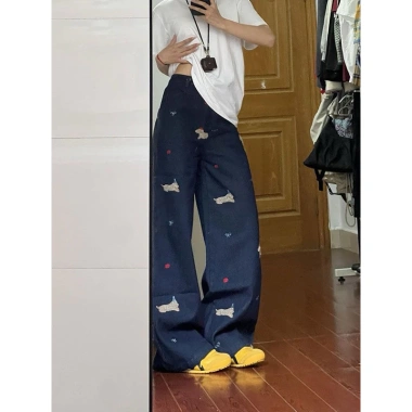 Quần jeans nữ thun gọn thêu hoa cún con Mỹ, ống rộng dài tới sàn, thời trang giá ưu đãi 301.000 VND