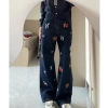 Quần Jeans ống đứng cạp cao xanh đậm thêu nơ chó con - Cá tính mọi lứa tuổi