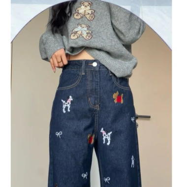 Quần Jeans ống đứng cạp cao xanh đậm thêu nơ chó con - Cá tính mọi lứa tuổi 4