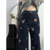 Quần Jeans ống đứng cạp cao xanh đậm thêu nơ chó con - Cá tính mọi lứa tuổi 5