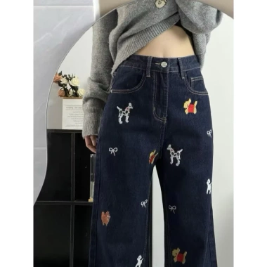 Quần Jeans ống đứng cạp cao xanh đậm thêu nơ chó con - Cá tính mọi lứa tuổi 5