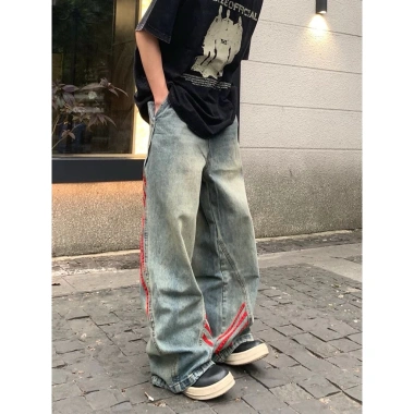 Quần jeans ống đứng sọc retro Mỹ, cargo ống rộng rách, giảm giá 260k