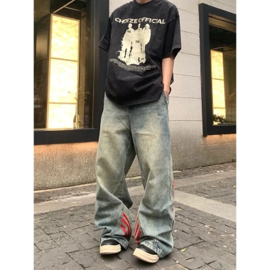 Quần jeans ống đứng sọc retro Mỹ, cargo ống rộng rách, giảm giá 260k