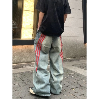 Quần jeans ống đứng sọc retro Mỹ, cargo ống rộng rách, giảm giá 260k