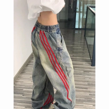 Quần jeans ống đứng sọc retro Mỹ, cargo ống rộng rách, giảm giá 260k
