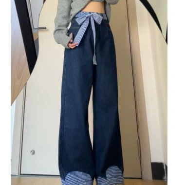Quần jeans ống rộng cỡ lớn nữ thiết kế nơ, cạp cao, vải co giãn, mùa xuân 2.025