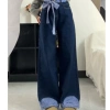 Quần jeans ống rộng cỡ lớn nữ thiết kế nơ, cạp cao, vải co giãn, mùa xuân 2.025 5