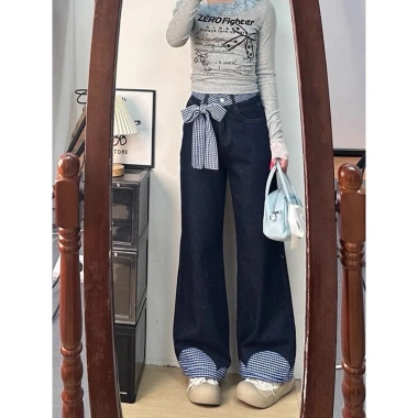 Quần jeans ống rộng cỡ lớn nữ thiết kế nơ, cạp cao, vải co giãn, mùa xuân 2.025