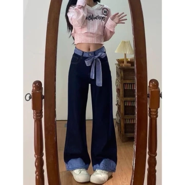 Quần jeans ống rộng cỡ lớn nữ thiết kế nơ, cạp cao, vải co giãn, mùa xuân 2.025