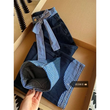 Quần jeans ống rộng cỡ lớn nữ thiết kế nơ, cạp cao, vải co giãn, mùa xuân 2.025