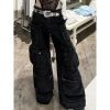 Quần Jeans ống rộng nữ thời trang đa túi, thẳng, giặt Mỹ, cỡ lớn, đen đường phố
