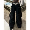 Quần Jeans ống rộng nữ thời trang đa túi, thẳng, giặt Mỹ, cỡ lớn, đen đường phố 2