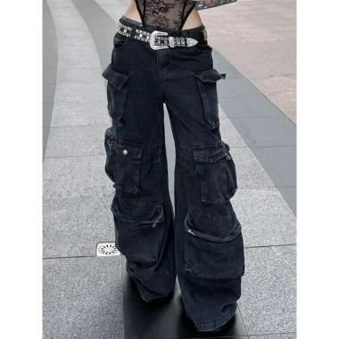 Quần Jeans ống rộng nữ thời trang đa túi, thẳng, giặt Mỹ, cỡ lớn, đen đường phố 3