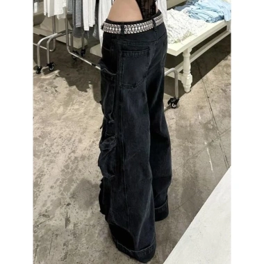 Quần Jeans ống rộng nữ thời trang đa túi, thẳng, giặt Mỹ, cỡ lớn, đen đường phố 5