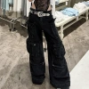 Quần Jeans ống rộng nữ thời trang đa túi, thẳng, giặt Mỹ, cỡ lớn, đen đường phố 6