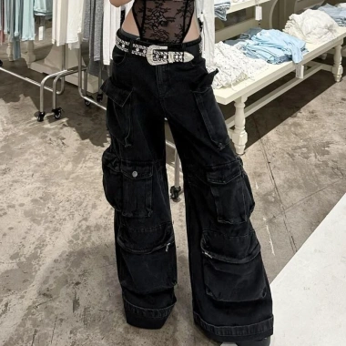 Quần Jeans ống rộng nữ thời trang đa túi, thẳng, giặt Mỹ, cỡ lớn, đen đường phố 6
