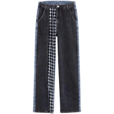 Quần Jeans ống rộng nữ thời trang đa túi, thẳng, giặt Mỹ, cỡ lớn, đen đường phố 7