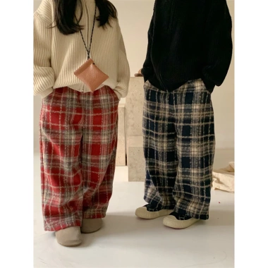 Quần kẻ dạ ống suông bé trai & bé gái basic màu đỏ-đen, size 8-30kg, 89.000₫