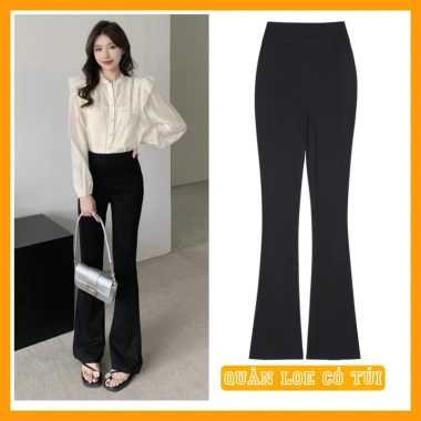 Quần loe cotton nữ lưng cao, co dãn, túi tiện, chân tôn dáng - Giá 71.099₫