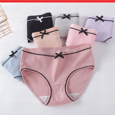 Quần Lót Nữ Cotton Gân Tăm A06 Kháng Khuẩn Thoáng Mát Viền Đen Đính Nơ FREESHIP 15k