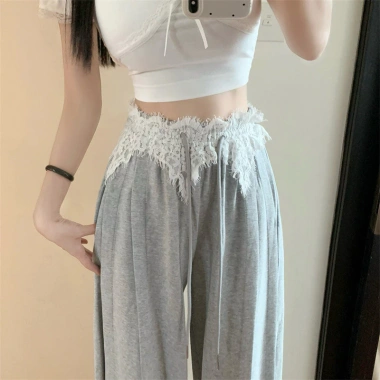 Quần Nỉ Mùa Thu Ren Khâu Cao Cấp, Cổ Retro, Ống Rộng, Phong Cách Cay Màu Xám - Giá 264.600₫ 2
