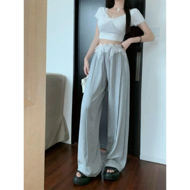 Quần Nỉ Mùa Thu Ren Khâu Cao Cấp, Cổ Retro, Ống Rộng, Phong Cách Cay Màu Xám - Giá 264.600₫ 5