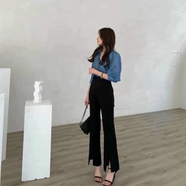 Quần ống loe cạp cao dài màu đen xẻ gấu, xẻ tà, ống vẩy cá tính - Phong cách công sở, giảm giá 79.000₫ 7